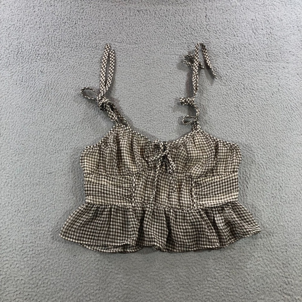 American Eagle Tank Top Womens Medium Brown Gingham Plaid Lined Smocked Peplum
